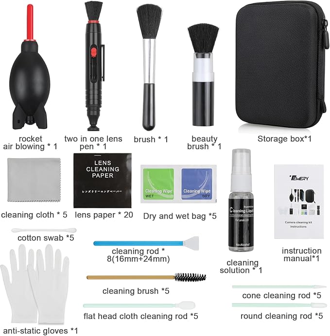 17-in-1 Camera Cleaning Kit for DSLR Cameras (Canon, Nikon,Sony), with Air Blower/Cleaning Pen/Detergent/Cleaning Cloth/Lens Brush/Carry Case - Image 2