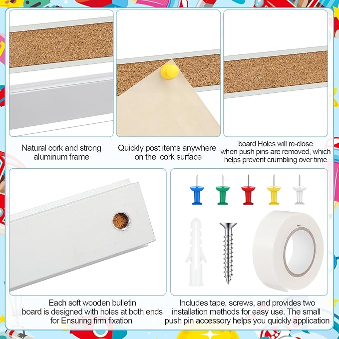 Threehoney 5 Pcs Cork Strips 36" x‎1 Bulletin Bar Strip, Aluminum Wall Trim | Brown Cork Boards with Accessories, Notes Photos Memos Display, for Wall Organization Classroom Office Home - Image 3