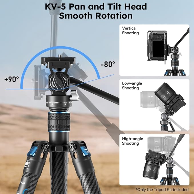 SIRUI Traveler Air Carbon Fiber Travel Tripod, KV-5 Fluid Head, 61" | 1.33kg Lightweight, 360° Pan, -80° To 90° Tilt, 2s Quick Release Leg, Reversible Column, Max Load 5kg - Image 7