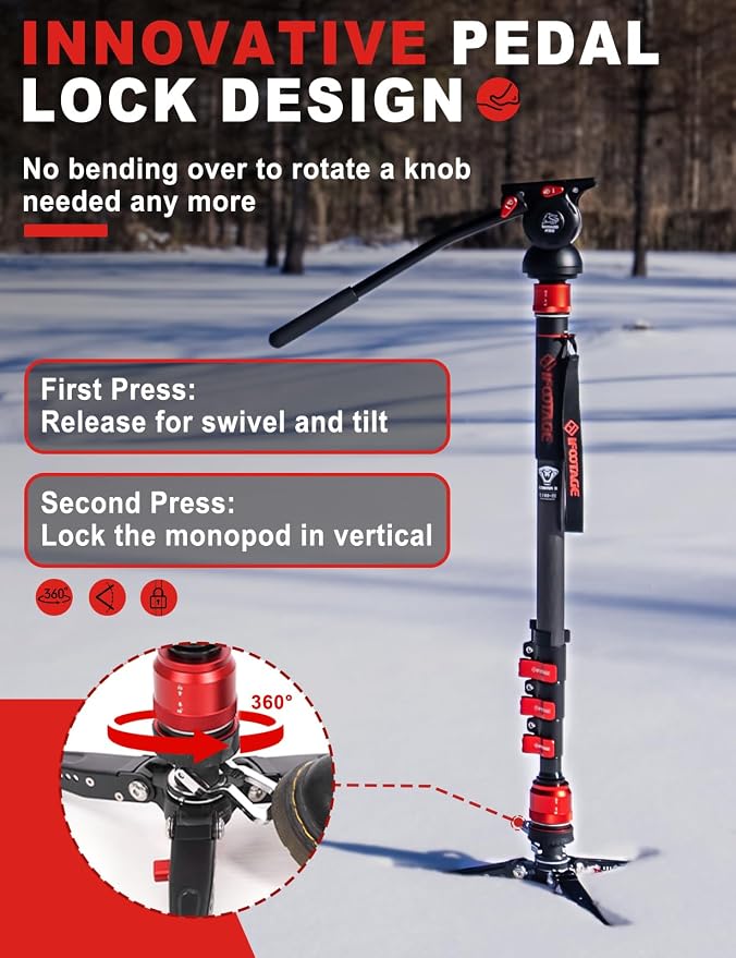 IFOOTAGE Cobra 3 C180F-P+K5S Carbon Fiber Camera Monopod 71" | Travel Monopod with Feet, 1/4" & 3/8" Quick Release Compatible with Sony Canon Nikon DSLR Camera, Payload 17.6lb - Image 2