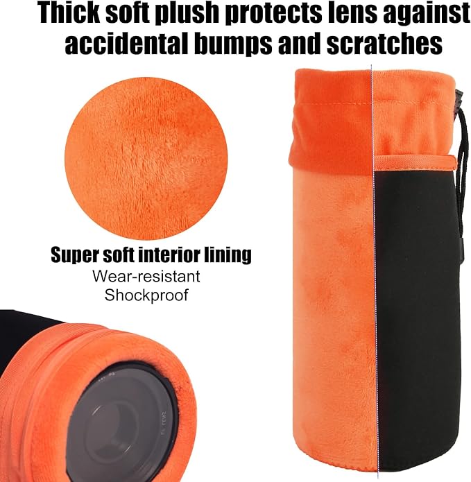 4Pcs Camera Lens Case Bag,4 Size Orange Water Resistant Protective Lens Pouch Set With Adjustable Drawstring Rotating Clamp,Replacement Compatible Thick Protective Neoprene for Canon,Nikon,Sony,Pentax - Image 3