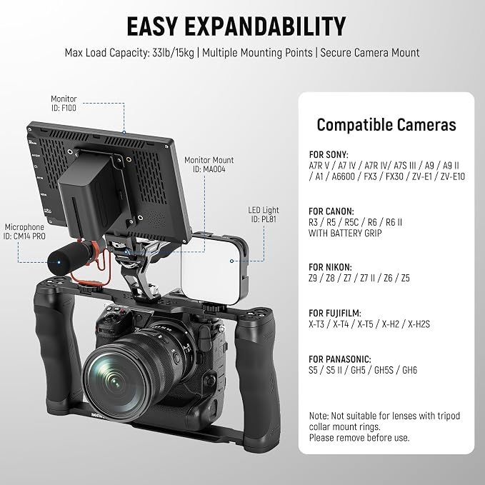 NEEWER Universal Camera Cage & Top Handle with 3/8" ARRI Locating Pins Kit, Video Rig Camera Stabilizer with Arca Type Base, Dual Handgrips, Compatible with SmallRig Accessories, CA016T | Video Rig Camera Stabilizer, Locating Pins for ARRI, Arca Type B... - Image 4
