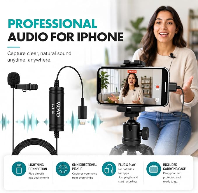 Movo LV1-DI Lavalier Microphone for iPhone & iPad – MFi Certified Lightning Clip-On Mic – 20ft Cable – for YouTube, TikTok, Podcasts, Interviews & Vlogging - Image 2