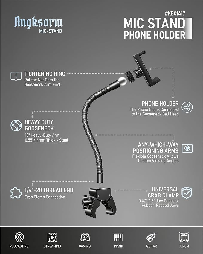 KBC1417 Phone Holder for Mic Stand, 13-Inch Gooseneck, Super Clamp | Mic Stand Phone Mount, Music Stand Phone Holder, Super Clamp Mount, 13-Inch Gooseneck, 0.47-1.8 Inch Pole Clamp - Image 2