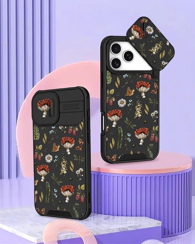 for iPhone 17 Pro Case - Women Cute Phone Cover Girly Pretty Fancy Unique Aesthetic Design Slide Camera Cover Protective Case for Apple for iPhone 17 Pro, Mushroom Floral - Image 4