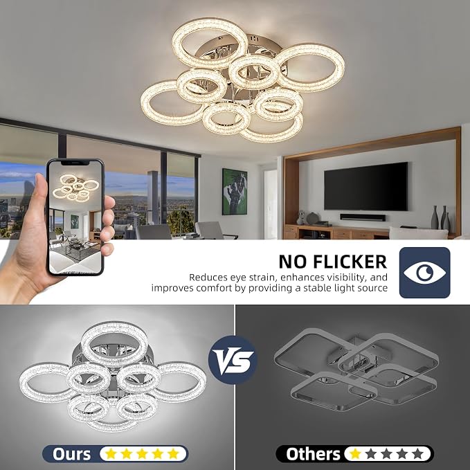 Modern Ceiling Light, 8 Rings 26.8'' Dimmable LED 106W Flush Mount Ceiling Lights with Remote Acrylic Crystal Round Ceiling Light Fixture, Bedroom Living Room Dining Room, Chrome - Image 5