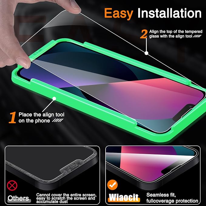 Wiaocit Tempered Glass Screen Protector for iPhone 13 | 3+3 Pack, 9H Hardness, Camera Lens Protector, Installation Frame, Bubble Free, Case Friendly - Image 2