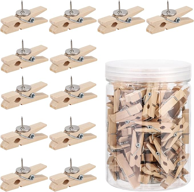100Pcs Push Pin with Wooden Clips Tacks for Cork Board Artwork for Bulletin Board Crafts Arts Projects Photo Supplies(Wood Color) by acDesign