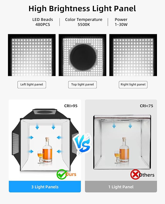 Portable Light Box Photography 16"x16" Upgrade Dimmable Photo Soft Box | Middle Studio for Jewelry & Small Products. 480 LED Lights True Color, Dimmable. Sturdy Build, 4 Backdrops, 10s Fold Setup - Image 3