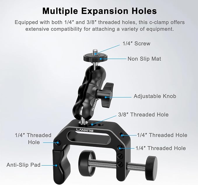 Camera Clamp Mount C Clamp with 1/4'' Screw Magic Arm - Perfect for Cameras, LED Video Lights, Monitors, Flash, Desk, Microphone, Action Camera - Image 2