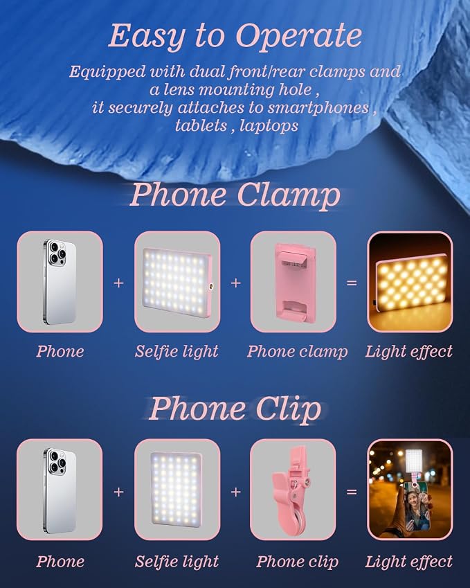 60 LED Portable Selfie Light Video Conference Lighting with Clip & Camera Tripod Adapter Rechargeable 2000mAh CRI 97+, 3 Light Modes for Phone iPhone Webcam Laptop Photo Makeup (Pastel Pink) - Image 5