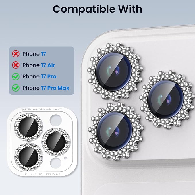 Compatible for iPhone 17 Pro/17 Pro Max Camera Lens Protector, Explosion-Proof 9H Tempered Glass with Diamond Gear Metal Ring, HD Anti-Scratch Lens Protection Decoration Accessories (Silver) - Image 2