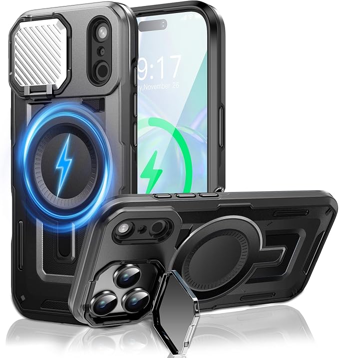 Camera Stand Case for iPhone 17 Pro, [Compatible with MagSafe] [Lens Cover] 2025 Version Military Grade Protective Soft Case for iPhone 17 Pro 6.3 inch Men Women, Black by WASTROYAL