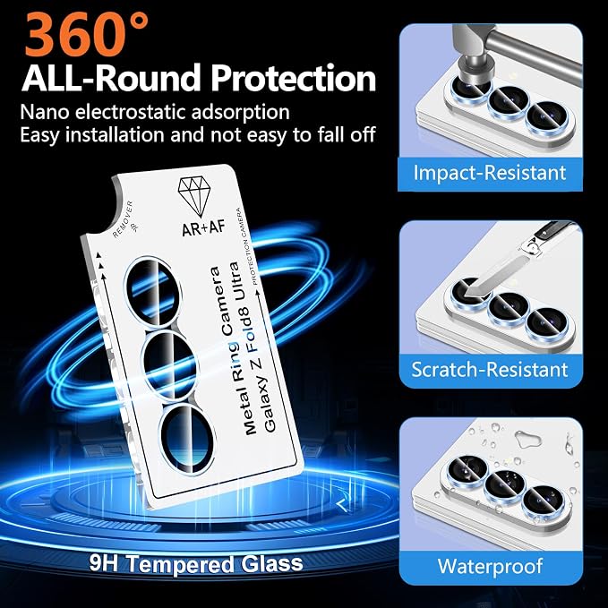 for Samsung Galaxy Z Fold 8 Ultra Camera Lens Protector, Individual Metal Ring Tempered Glass Lens Cover, [Strong Adsorption] Scratch Resistant Ultra-Thin HD Clear Lens Cover, 1 Set-Blue Ring - Image 2