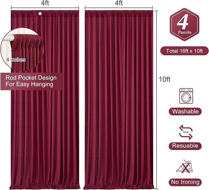 Burgundy Backdrop Curtains 4 Panels - Wrinkle-Free Polyester Photography Drapes for Baby Shower & Birthday Party - 16 X10FT - Image 3