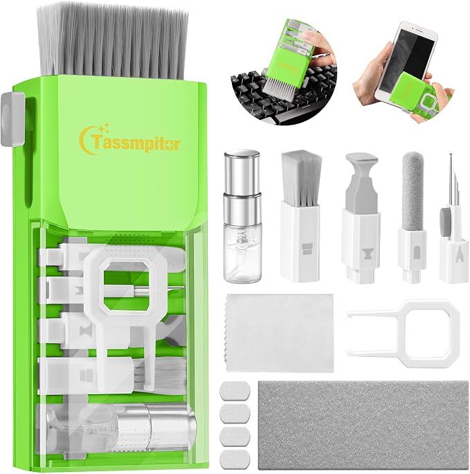 All-in-1 Keyboard Cleaner Laptop Cleaning Kit,Computer Screen-Safe Tools | MacBook iPad iPhone,Electronics Brush Tool for PC Camera Lens Earbuds,Deep Cleaning Spray Cloth, High-Density Soft Brush by Tassmpitor