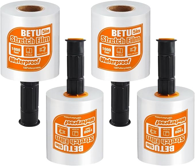 Stretch Film Shrink Wrap for Moving Supplies (5inch, 4 Pack) x 1000ft, Industrial Strength Plastic Wrap Stretch Roll for Pallet Wrapping Shipping Moving Boxes Storage Furniture with Handles, Clear by BETU