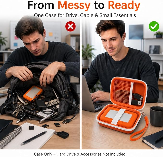 ALKOO Case for LaCie Rugged Mini 1TB/2TB/4TB/5TB External Hard Drive | Portable HDD Holder, Cable Pocket, SD Card Storage, for Photographers, Creators, Students, Office,Travel,Case Only,Tangerine - Image 7