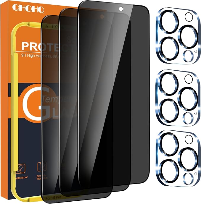 QHOHQ 3 Pack Privacy Screen Protector for iPhone 15 Pro [6.1 Inch] with 3 Pack Camera Lens Protector, Anti Spy Tempered Glass Film, 9H Hardness, HD, Bubble Free, Case Friendly - Black by QHOHQ