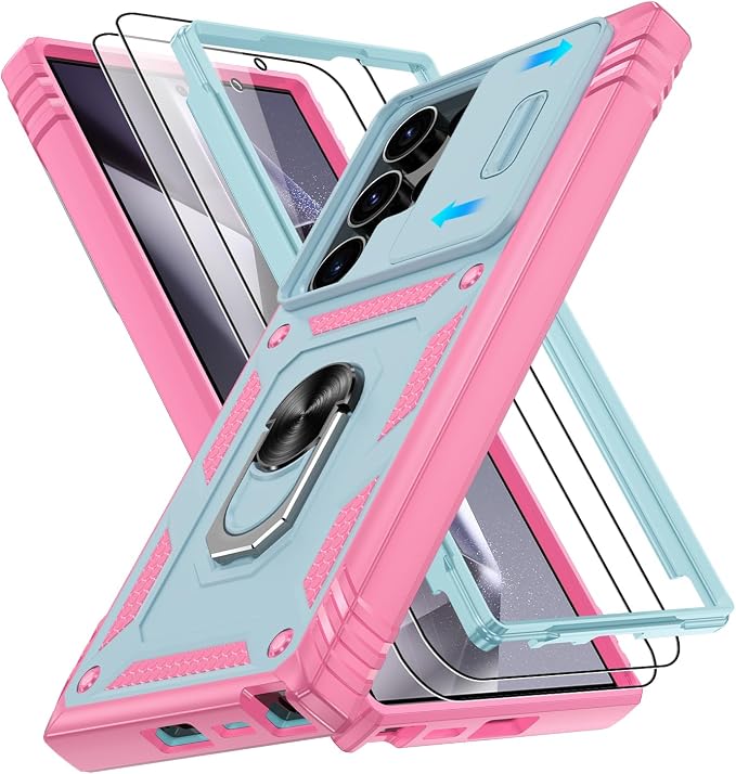 Gritup for Case Samsung S24 Ultra: Case Galaxy S24 Ultra with 2*Screen Protector | Magnetic Stand & Slide Camera Cover | Shock Proof Military-Grade Funda para S24 Ultra Cover -Green+Pink by Gritup