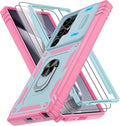 Gritup for Case Samsung S24 Ultra: Case Galaxy S24 Ultra with 2*Screen Protector | Magnetic Stand & Slide Camera Cover | Shock Proof Military-Grade Funda para S24 Ultra Cover -Green+Pink by Gritup