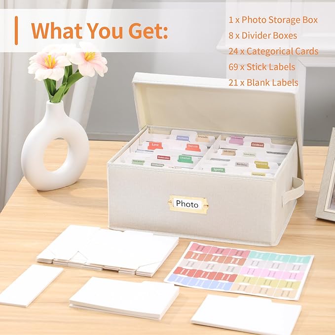 Aokeyee Photo Storage Box Holds 1700+ 4x6 Pictures | Photo Organizer Box, 8 Dividers, 24 Paperboard with Blank Label - Image 5