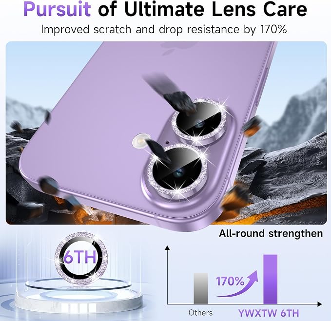 YWXTW Camera Lens Protector for iPhone 17, Individual Bling Glitter Metal Ring Tempered Glass Camera Screen Protector for iPhone 17 Accessories, Case Friendly (Glitter Purple) - Image 3