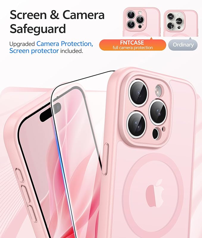 FNTCASE for iPhone 15 Pro Case, Fit for Magsafe, Screen Protector | Full Camera Protection, Translucent Matte, 14FT Military Grade Drop Proof, Shockproof Protective Phone Cover, Light Pink - Image 4