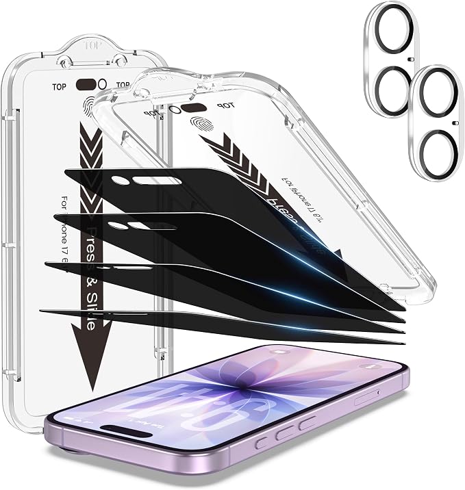 EZ-GLAZ-4+2 Pack for iPhone 17 Privacy Screen Protector (6.3") | 2-Pack Lens Protectors, Alignment Kit, Easy Installation, 9H+ Tempered Glass, Scratch Resistant, 28° Privacy Protection by EZ-GLAZ