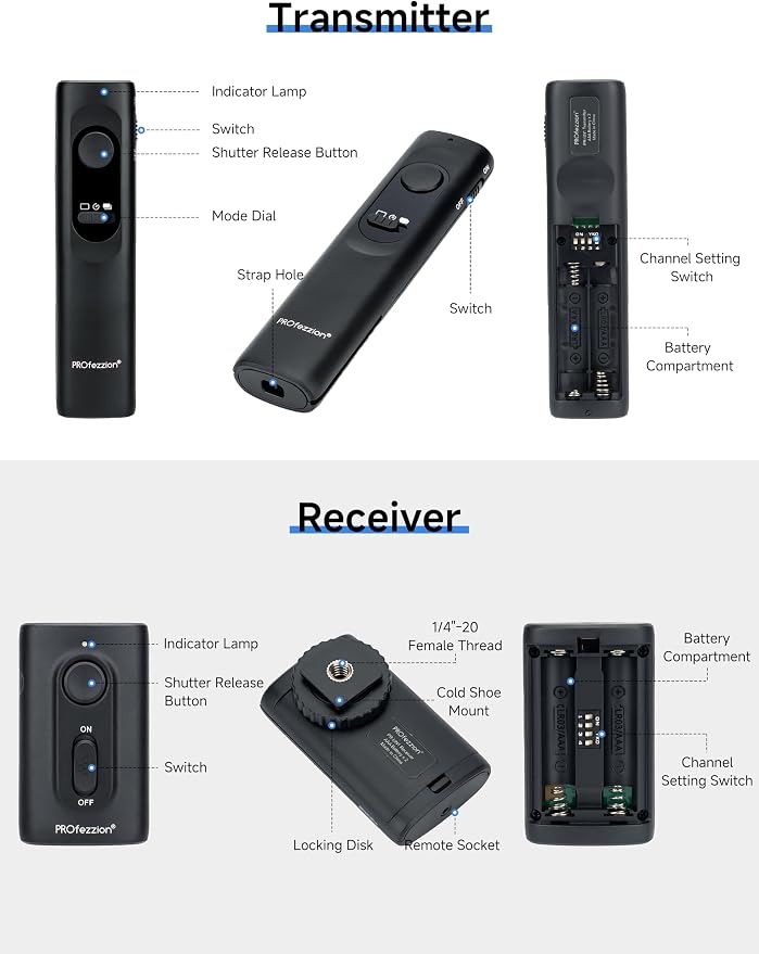 PROfezzion 164ft Remote Shutter Release Wireless for Select Nikon Cameras | for Nikon Z8 Z9 D850 D500 D5 D810 D810A D800 D700 D4s D4 D3 D3s D3X D2H D2X D2Hs D2Xs, AAA Battery, Tripod Clip - Image 6