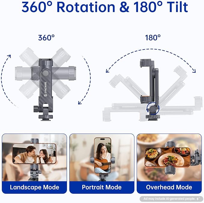 SYNCWIRE Tripod Phone Mount, Universal Smartphone Mount Adapter with 2 Cold Shoe and 1/4" Screw, 360° Rotates and 180° Tilts Adjustable Cell Phone Clamp Holder for Enhancing Mobile Photography Setup - Image 4