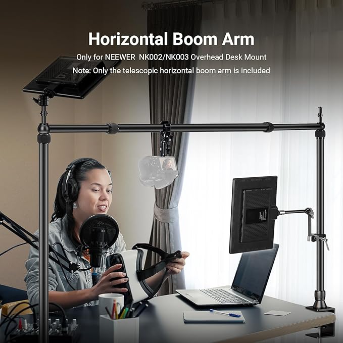 NEEWER 2.8-4.9ft Horizontal Boom Arm Only for NEEWER NK002 & NK003 Overhead Desk Camera Mount Rig Webcam Stand, Telescopic Crossarm for Phone Holder LED Light Video Recording Streaming, NK009 - Image 2