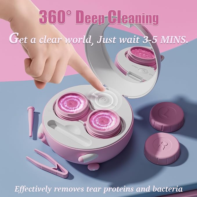 Vastsoon Cute Contact Lens Cleaner, Case Cleaning Machine with Solution Soak Case and Contact Lens Applicator Tool for Daily Vision Care, Travel Size (Pink) - Image 2