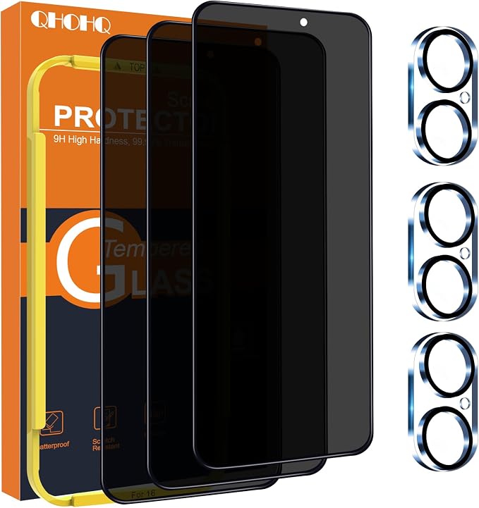 QHOHQ iPhone 16 Privacy Screen Protector + Camera Lens Protector, 3+3 Pack | Tempered Glass, Military Grade Shatterproof, Top 9H+ Anti Spy Glass, Full Edge Coverage, Ultra Durable, Installation Tool by QHOHQ