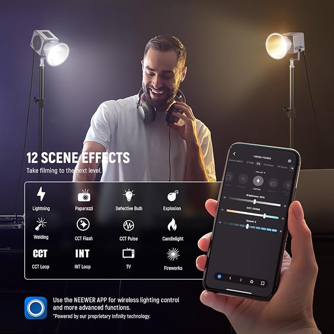NEEWER HS60B Mini Video Light with App Control, 60W Handheld Portable Bi Color COB LED Continuous Output Lighting with 35000lux/1m 2700-6500K 0-100% PWM Dimming CRI/TLCI 97+ 12 Scenes USB Type C - Image 4