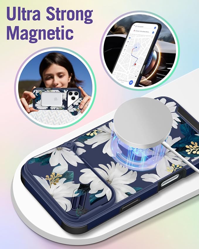 Buleens for iPhone 17 Pro Case 6.3 Inch - with Ring Stand & Camera Cover Aesthetic Cute Designed for Women Girls Kawaii Pretty Girly White Floral Phone Case for iPhone 17 Pro Compatible with Magsafe - Image 4