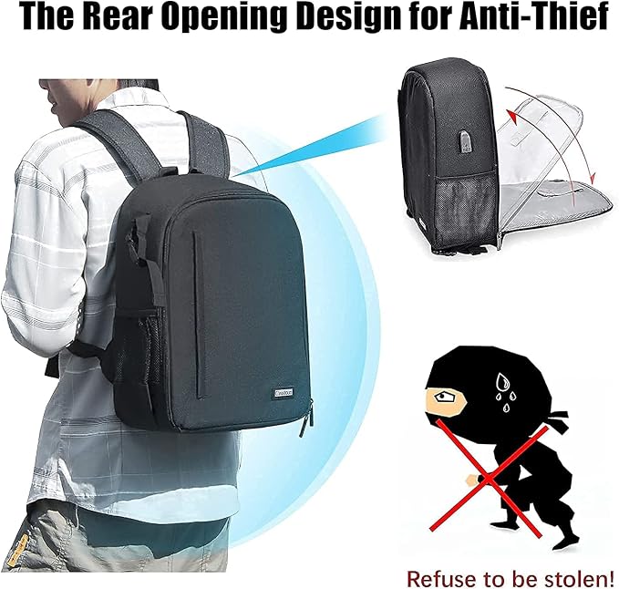 Cwatcun Camera Backpack Bag, Waterproof DSLR Bag with USB Port & Rain Cover | Fits DSLR with 70-200mm lens + 6lenses+15.6"laptop+tripod.Anti-theft rear opening,900D nylon,rain cover included. - Image 5
