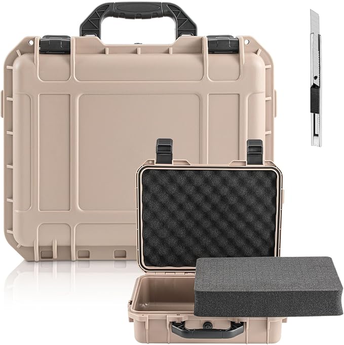 Relaxweex 1 Pcs Waterproof Hard Case with DIY Customizable Foam Insert Portable Protective Case with Knife for Camera Drones Equipments Tools Test Instruments(Tan,16.3 x 12.4 x 6.5 Inch) by Relaxweex