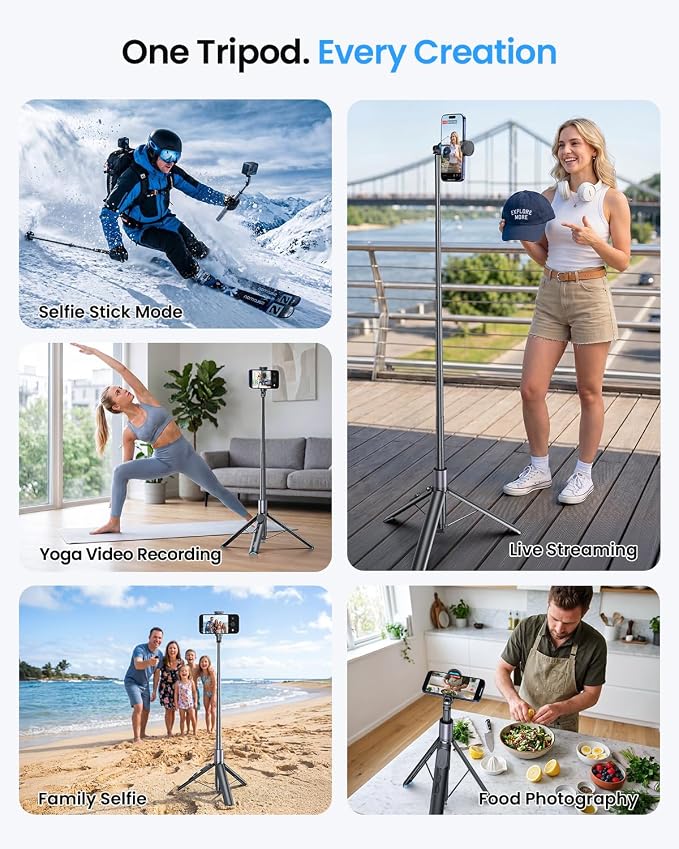 LOXP 67'' Phone Tripod with Remote, 0.01s Auto-Open for Content Creator | Selfie Stick for iPhone/ Android, Portable iPhone Tripod with Cold Shoe/ 1/4" Adapter for Travel, Vlog, Live, Golf, Video - Image 7