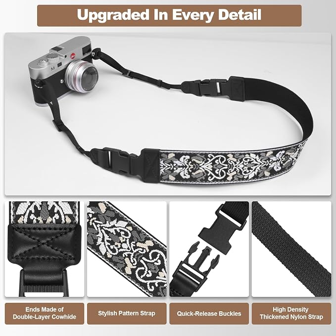 Adjustable Camera Neck Strap, Vintage Embroidered Shoulder & Crossbody Camera Strap with 4 Connection Ways, Anti-Slip Camera Strap for DSLR, Mirrorless & Camcorder, Travel & Outdoor Photography Gear - Image 5
