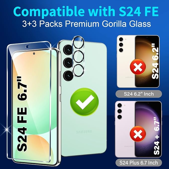firtstnow 3 Pack for Samsung Galaxy S24 FE Screen Protector Tempered Glass + 3 Pack Camera Lens Protector, Military Grade Shatterproof, 9H Hardness, Fingerprint Unlock, Case Friendly 6.7 Inch - Image 2