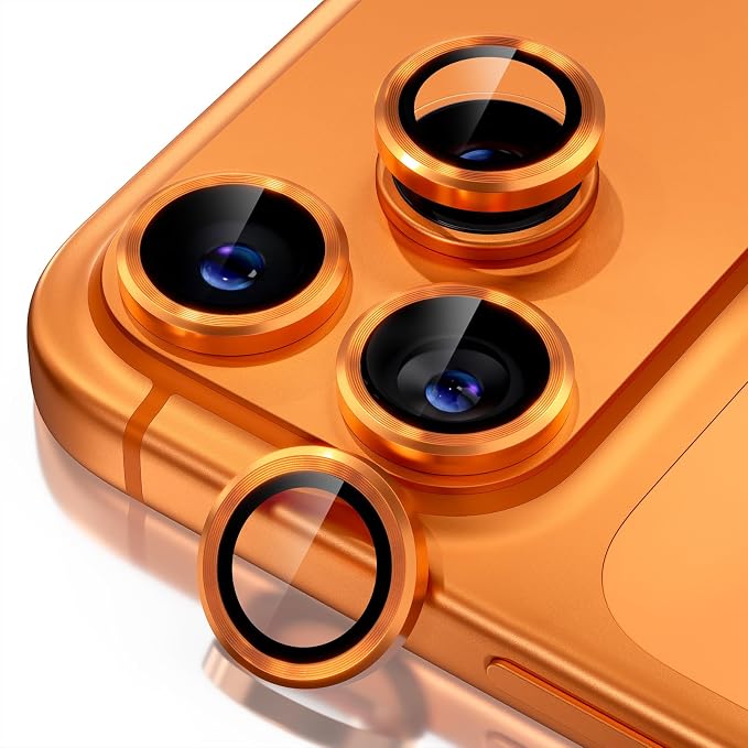 Misea Compatible for iPhone 17 Pro/iPhone 17 Pro Max Camera Lens Protector | 9H Tempered Glass Ultra HD Bling Camera Screen Protector Cover Metal Individual Ring Decoration Accessories, Orange by Misea
