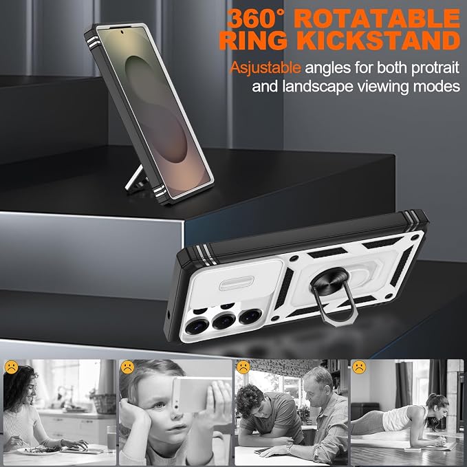 Gritup Fit for Samsung Galaxy S25 Ultra Case with Slide Camera Cover | 2 Pcs Screen Protector, Build in 360° Rotating Ring Kickstand, Military Grade Protective Phone Case, White+Black - Image 8