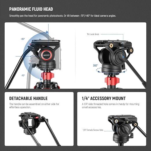 NEEWER 72" Fluid Head Video Tripod Monopod, Aluminum Alloy QR Plate Compatible with DJI RS Gimbal, 360° Pan & +90°/-70° Tilt for DSLR Camera Camcorder, Max Load 13.2lb/6kg, TP72A - Image 2