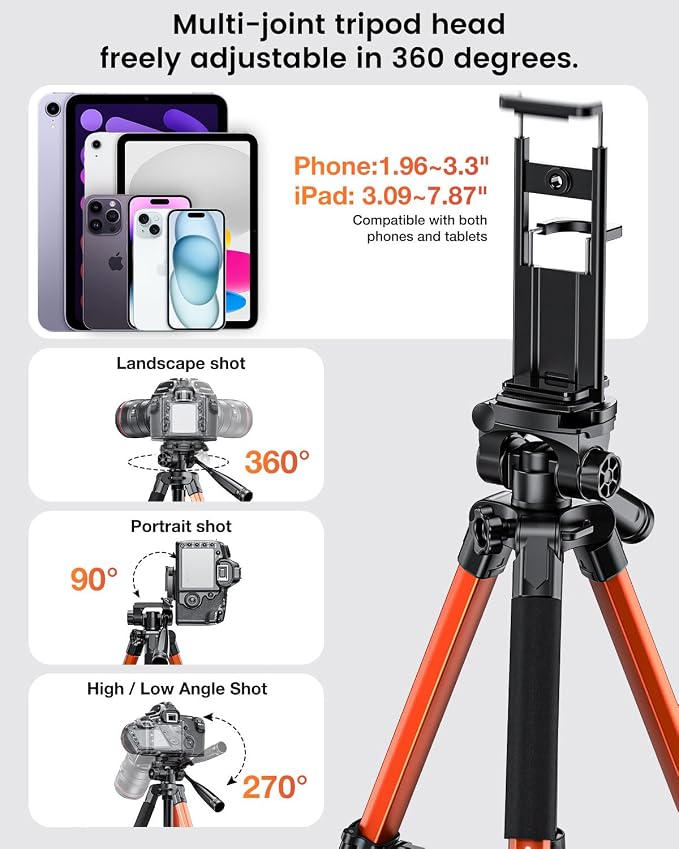 CAMBOFOTO 73" Camera Tripod and Monopod, Aluminum Tripod Stand/Burnt Orange | for Professional Camera/Mirrorless/DSLR/Cell Phone/Camcorder/GoPro, with Phone Holder/Travel Bag - Image 5