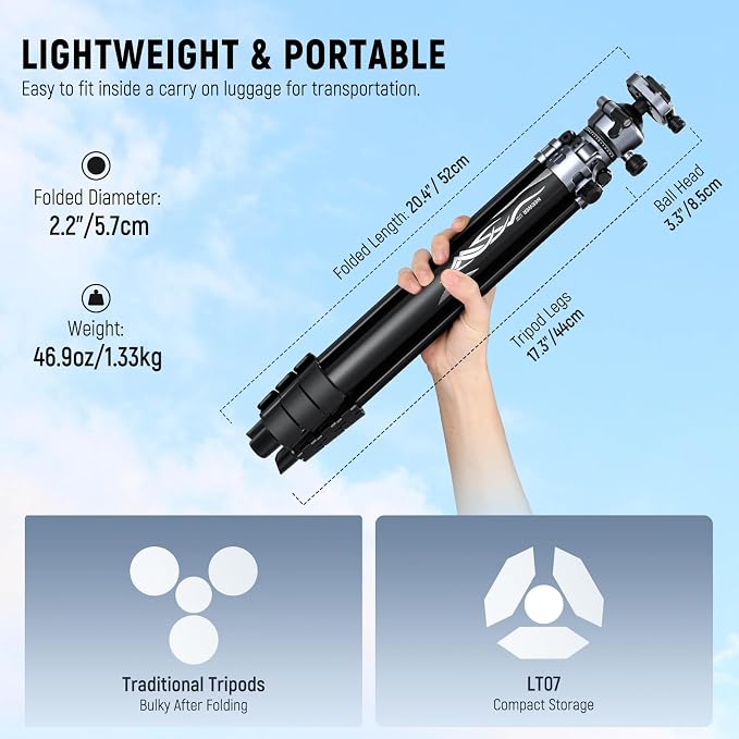 NEEWER LITETRIP LT07 61" Aluminum Travel Tripod for Camera | Pan Tilt Low Profile Ball Head, Arca QR Plate Compatible with PD Tripod Plate, Dual Center Axis, Phone Holder, Max Load 22lb - Image 2