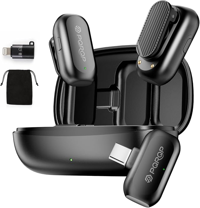 PQRQP Wireless Lavalier Microphone for iPhone/iPad/Android, 164ft Transmission, Mini Microphone with AI Noise Cancellation & Hi-Fi Sound, 24H Charging Case, Mic Ideal for Video Recording by PQRQP
