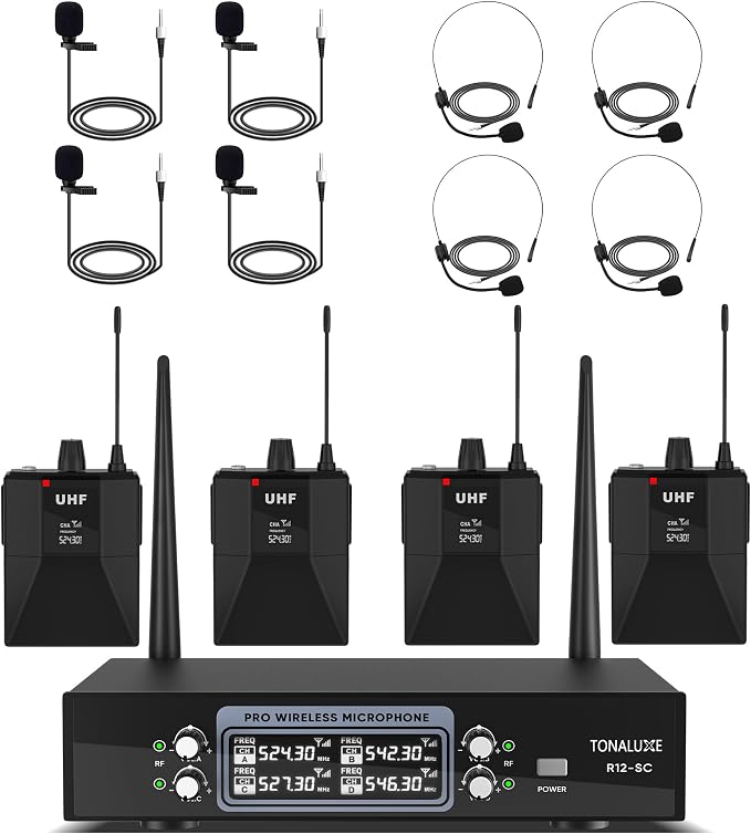 4 Channel Wireless Lapel Microphone System with 4 Headset Mics, 4 Lavalier Mics, UHF Metal Receiver, 4 Bodypacks, Independent Volume Control, 262ft Range for Home, Classroom, Church, Events by TONALUXE