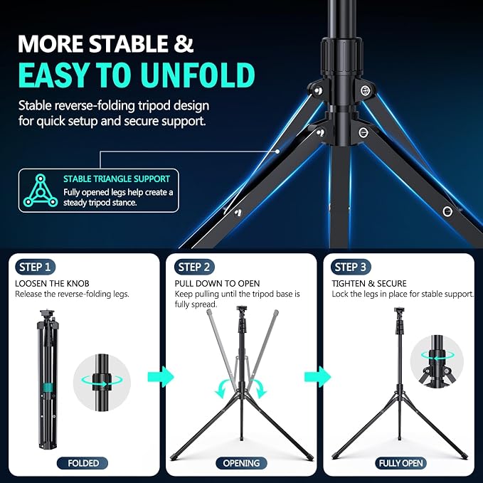 UBeesize 14'' LED Foldable Ring Light with 62'' Tripod Stand, Selfie Ring Light for Video Recording, Live Streaming, TikTok & YouTube, Compatible with iPhone & Android (Black) - Image 4