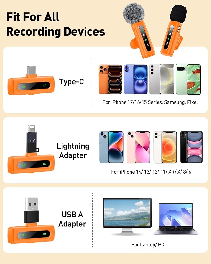USB C Lavalier Microphone Wireless Mini Mic for Type-C Android Phone/Tablet/PC Video Recording Clip-on Mics with Rotatable Clip&Denoise Recording, Ideal for Vlog Youtube Content Creator, Orange - Image 5